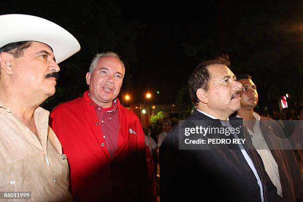 Honduran President Manuel Zelaya , Venezuela's Mines and Energy Minister Rafael Ramirez and Nicaraguan President Daniel Ortega walk together at the...
