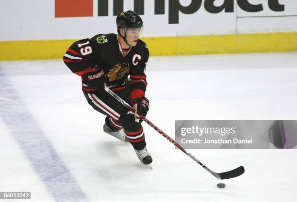 Jonathan Toews of the Chicago Blackhawks skates with the puck against the Columbus Blue Jackets during their game on April 8, 2009 at the United...