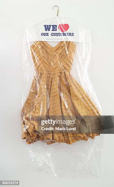 party dress in drycleaning bag - dry cleaning stockfoto's en -beelden