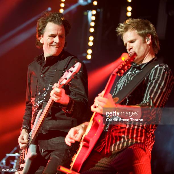 John Taylor and Dominic Brown of Duran Duran performing live at the National Indoor Arena, Birmingham, UK on July 07 2008.