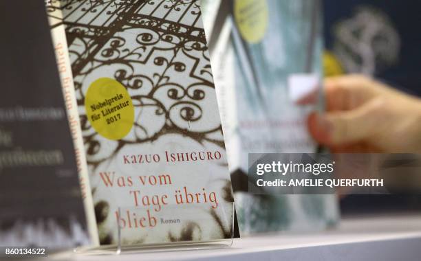 Book of British author and Nobel Price winner Kazuo Ishiguro is pictured at the Frankfurt Book Fair 2017 in Frankfurt am Main, Germany, on October...