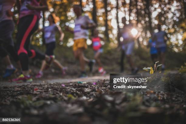 blad med maratonlöpare i bakgrunden. - halvmaraton bildbanksfoton och bilder