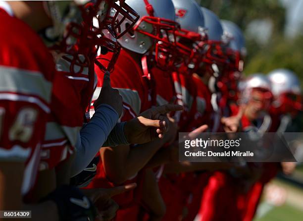 Players from the California School of the Deaf Riverside Football Team look on during their Varsity Football Game against Viewpoint on October 15,...