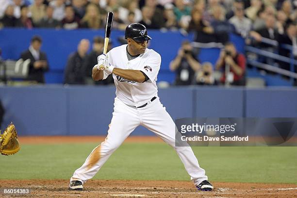 Vernon Wells of the Toronto Blue Jays keep an eye on the pitch during the Opening Day game against the Detroit Tigers at the Rogers Centre on April...