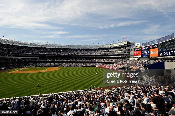 General view from overhead of the interior of Yankee Stadium during the Opening Day game between the New York Yankees and the Cleveland Indians at...