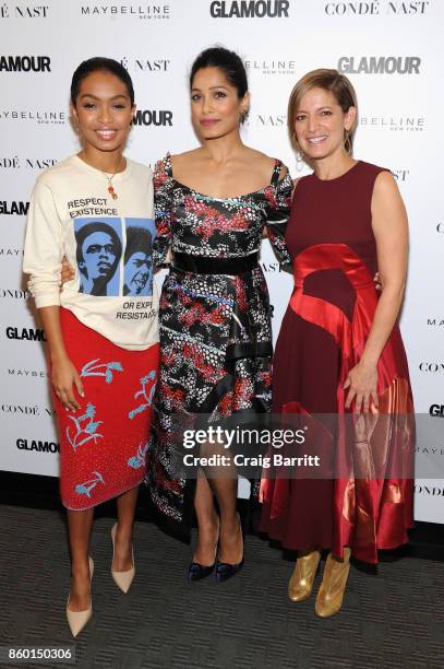 Actress Yara Shadidi, actress Freida Pinto and Glamour editor-in-chief Cindi Leive attend Glamour's "The Girl Project" on the International Day of...