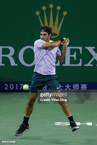 Roger Federer of Switzerland plays a forehand during the Men's singles mach against Diego Schwartzman of Argentina on day 4 of 2017 ATP Shanghai...