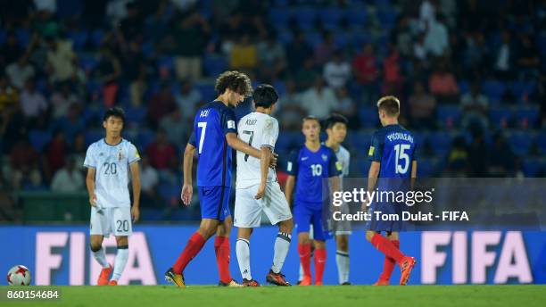 Yacine Adli of France and Takefusa Kubo of Japan after the FIFA U-17 World Cup India 2017 group E match between France and Japan at Indira Gandhi...