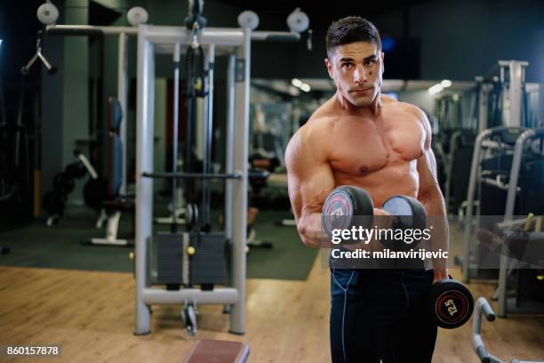 muscular fit man exercising in a gym - arab bodybuilder stock pictures, royalty-free photos & images