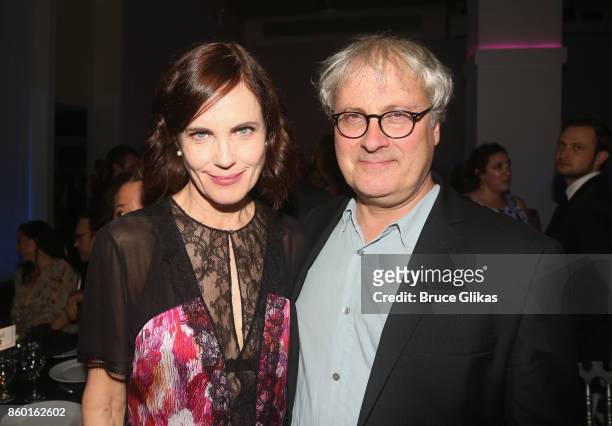 Elizabeth McGovern and Simon Curtis; pose at the opening night after party for "Time and The Conways" on Broadway at ESpace on October 10, 2017 in...