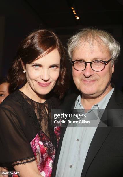 Elizabeth McGovern and Simon Curtis; pose at the opening night after party for "Time and The Conways" on Broadway at ESpace on October 10, 2017 in...