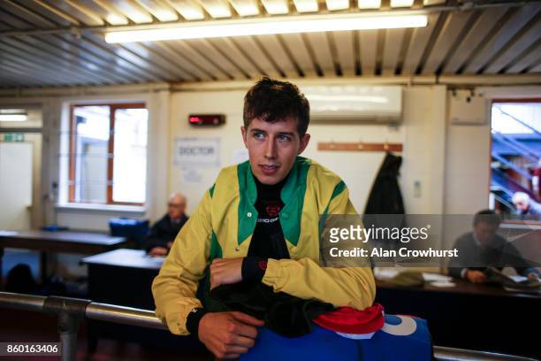 Jockey Bryan Cooper in the Ann & Alan Potts colours at Ludlow racecourse on October 11, 2017 in Ludlow, England.