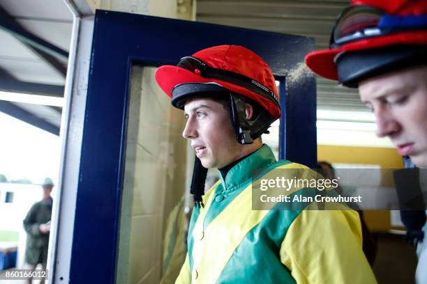 Jockey Bryan Cooper in the Ann & Alan Potts colours at Ludlow racecourse on October 11, 2017 in Ludlow, England.