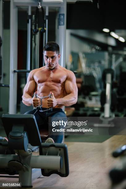 muscular fit man exercising in a gym - arab bodybuilder stock pictures, royalty-free photos & images