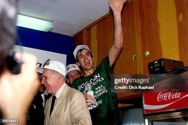 Kevin McHale of the Boston Celtics celebrates in the locker room after an NBA game played in 1986 at the Boston Garden in Boston, Massachusetts. NOTE...