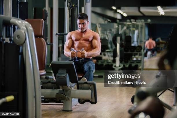 muscular fit man exercising in a gym - arab bodybuilder stock pictures, royalty-free photos & images
