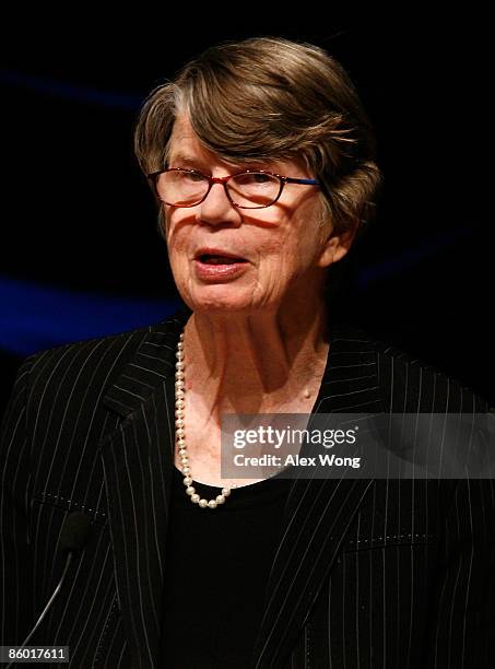 Former U.S. Attorney General Janet Reno speaks after she was awarded with the Justice Award by the American Judicature Society at the Ronald Reagan...