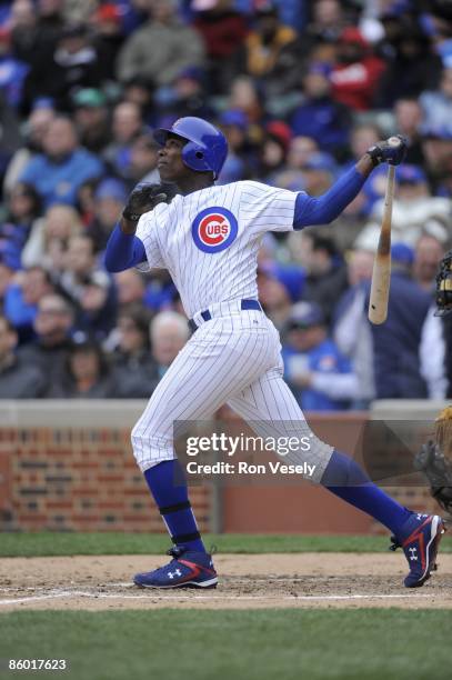 Alfonso Soriano of the Chicago Cubs bats against the Colorado Rockies on April 15, 2009 at Wrigley Field in Chicago, Illinois. The Rockies defeated...