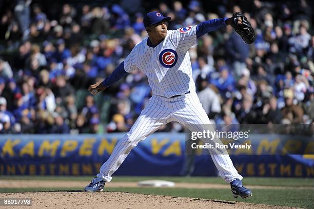 Angel Guzman of the Chicago Cubs pitches against the Colorado Rockies on April 15, 2009 at Wrigley Field in Chicago, Illinois. The Rockies defeated...