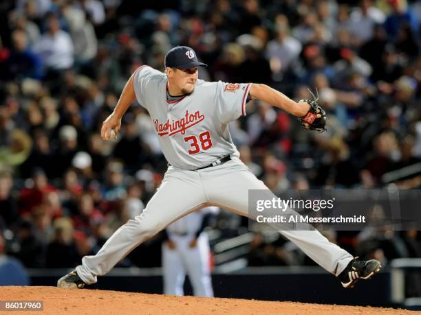 Pitcher Joel Hanrahan of the Washington Nationals throws in relief against the Atlanta Braves on April 11, 2009 at Turner Field in Atlanta, Georgia.