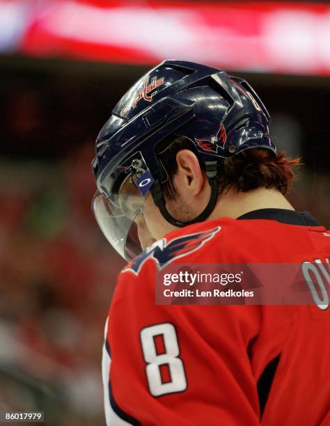 Alex Ovechkin of the Washington Capitals looks down during a stoppage of play against the New York Rangers during Game One of the Eastern Conference...