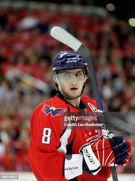Alex Ovechkin of the Washington Capitals looks on during a stoppage of play against the New York Rangers during Game One of the Eastern Conference...