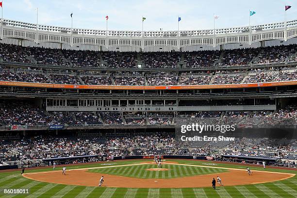 View of Yankee Stadium from center field during the New York Yankees game against the Cleveland Indians on April 17, 2009 in the Bronx borough of New...