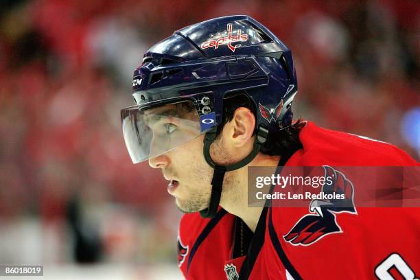 Alex Ovechkin of the Washington Capitals looks on prior to a face off against the New York Rangers during Game One of the Eastern Conference...