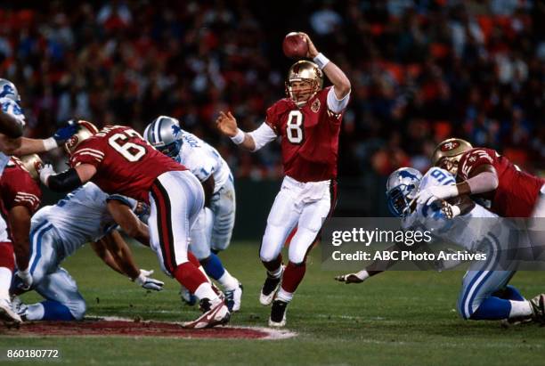 Steve Young, San Francisco 49ers / Detroit Lions gameplay on 'Monday Night Football'.