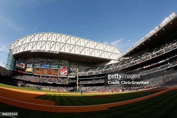 Fans watch during pre-game before the Opening Day game between the Chicago Cubs and the Houston Astros on April 6, 2009 at Minute Maid Park in...