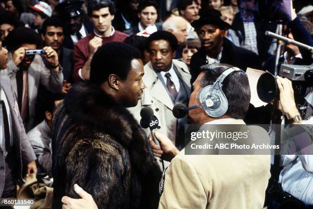 Larry Holmes, Keith Jackson at Public Hall, Feb 12, 1983.