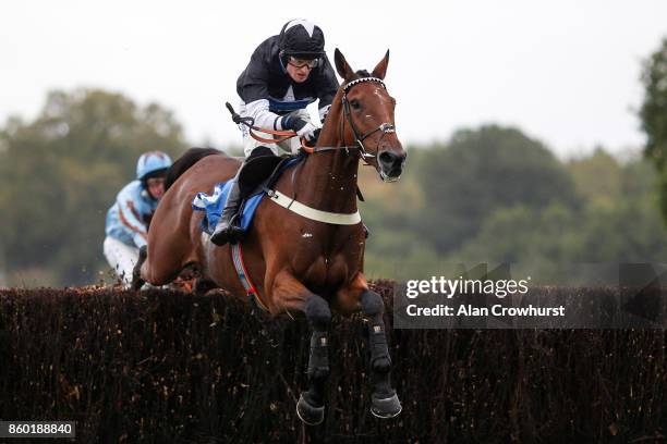 Harry Bannister riding Big Martre clear the last to win The Vera Davies Memorial Steeple Chase at Ludlow racecourse on October 11, 2017 in Ludlow,...