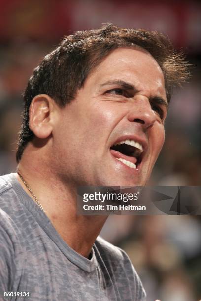 Dallas Mavericks owner Mark Cuban shouts from the stands during the game against the Denver Nuggets on March 27, 2009 at the American Airlines Center...