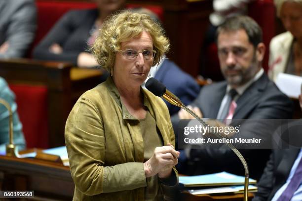 French Minister of Labor Muriel Penicaud answers deputies during the weekly questions to the government at the Assemblee Nationale on October 11,...