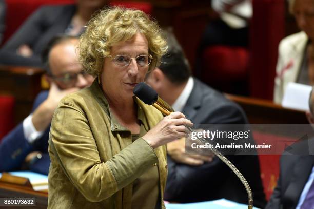 French Minister of Labor Muriel Penicaud answers deputies during the weekly questions to the government at the Assemblee Nationale on October 11,...