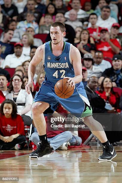 Kevin Love of the Minnesota Timberwolves drives the ball up court during the game against the Houston Rockets on March 20, 2009 at the Toyota Center...