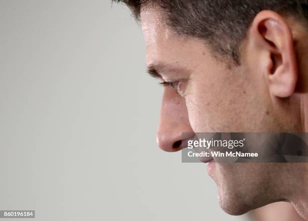 Speaker of the House Paul Ryan answers questions during a press conference with members of the House Republican leadership October 11, 2017 in...
