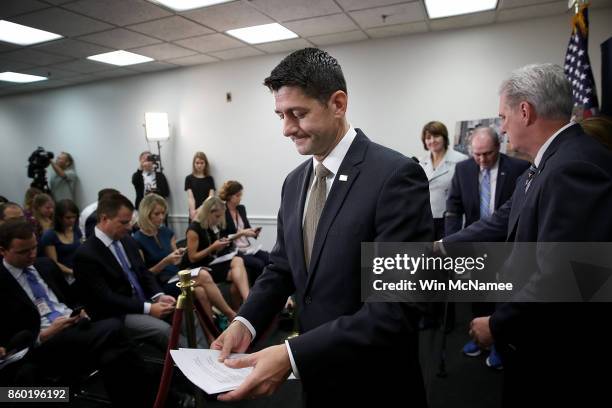 Speaker of the House Paul Ryan leaves a weekly press conference with members of the House Republican leadership October 11, 2017 in Washington, DC....