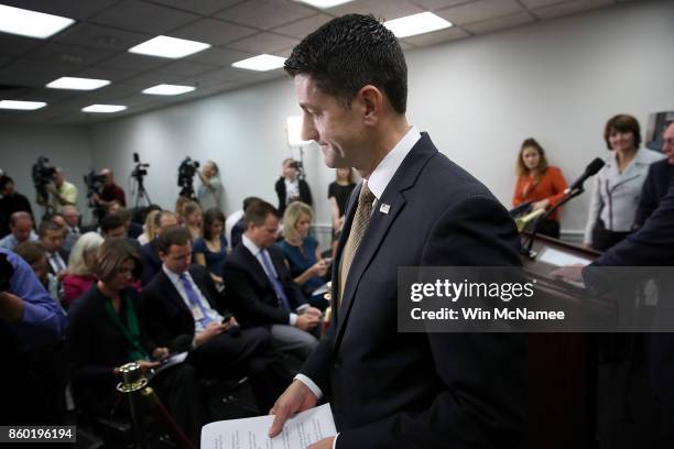 Speaker of the House Paul Ryan leaves a weekly press conference with members of the House Republican leadership October 11, 2017 in Washington, DC....