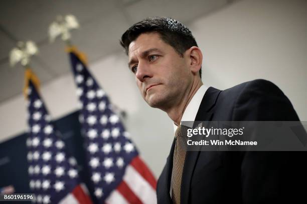 Speaker of the House Paul Ryan attends a press conference with members of the House Republican leadership October 11, 2017 in Washington, DC. Ryan...
