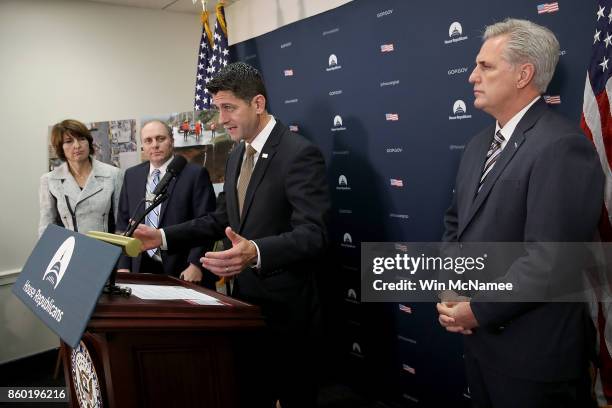 Speaker of the House Paul Ryan answers questions during a press conference with members of the House Republican leadership October 11, 2017 in...