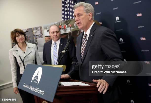 Rep. Kevin McCarthy answers questions during a press conference with members of the House Republican leadership October 11, 2017 in Washington, DC....
