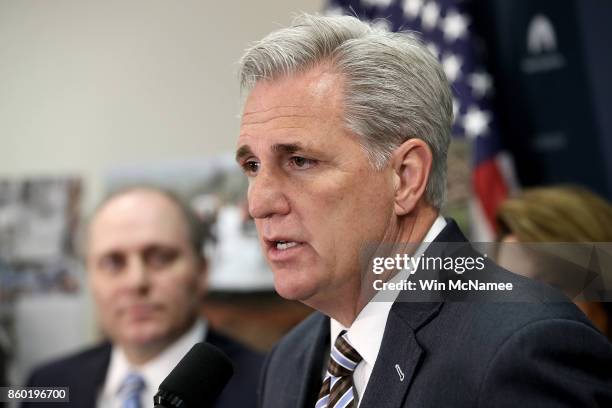 Rep. Kevin McCarthy delivers remarks during a press conference with members of the House Republican leadership October 11, 2017 in Washington, DC....