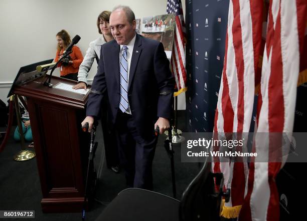 Rep. Steve Scalise departs a press conference with members of the House Republican leadership October 11, 2017 in Washington, DC. Speaker of the...