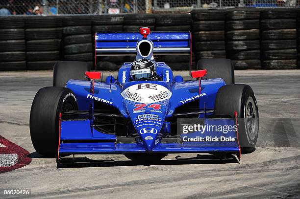 Mike Conway drives the Dreyer & Reinbold Racing Dallara Honda during practice for the IRL IndyCar Series Toyota Grand Prix at Long Beach on April 17,...