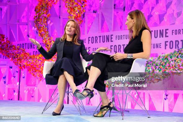 Anchor and NBC News Correspondent Katy Tur and Fortune Senior Editor-at-Large Leigh Gallagher speak onstage at the Fortune Most Powerful Women Summit...