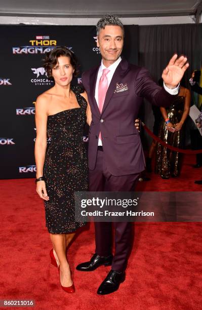 Director Taika Waititi and Chelsea Winstanley arrive at the Premiere Of Disney And Marvel's "Thor: Ragnarok" on October 10, 2017 in Los Angeles,...