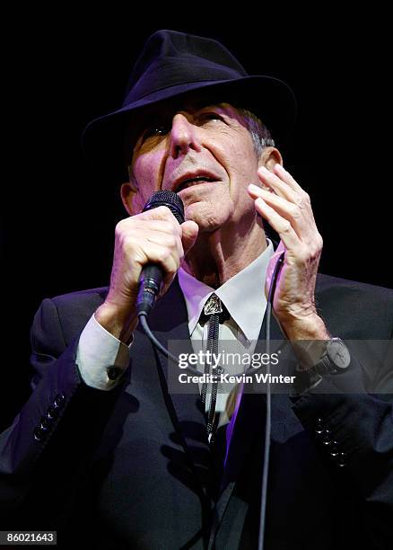 Musician Leonard Cohen performs during day one of the Coachella Valley Music & Arts Festival 2009 held at the Empire Polo Club on April 17, 2009 in...