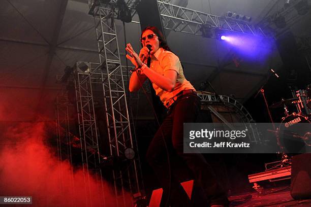 Musician Aaron Kyle Behrens from the band Ghostland Observatory performs during day 1 of the Coachella Valley Music & Arts Festival 2009 at the the...