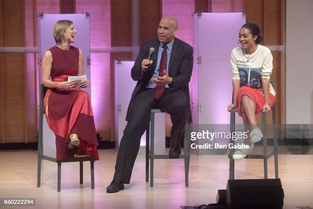 Glamour editor-in-chief Cindi Leive, New Jersey Senator Cory Booker and Actress Yara Shahidi speak onstage during Glamour's "The Girl Project" on the...